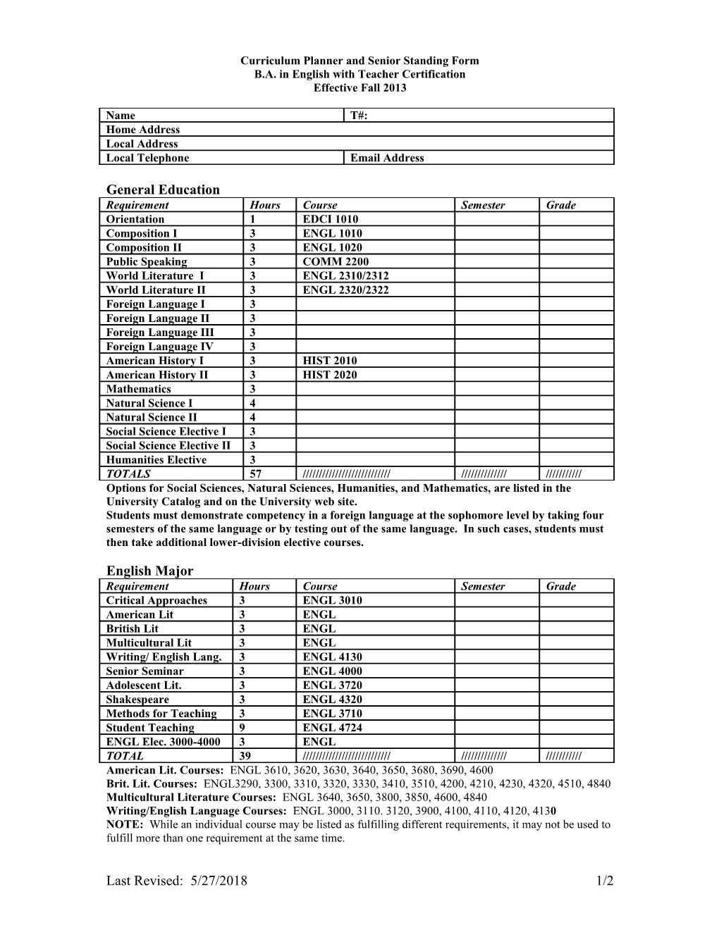 Curriculum Planner and Senior Standing Form