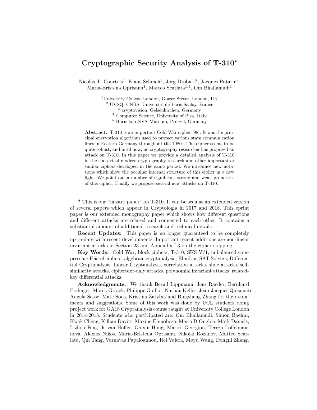 Cryptographic Security Analysis of T-310∗