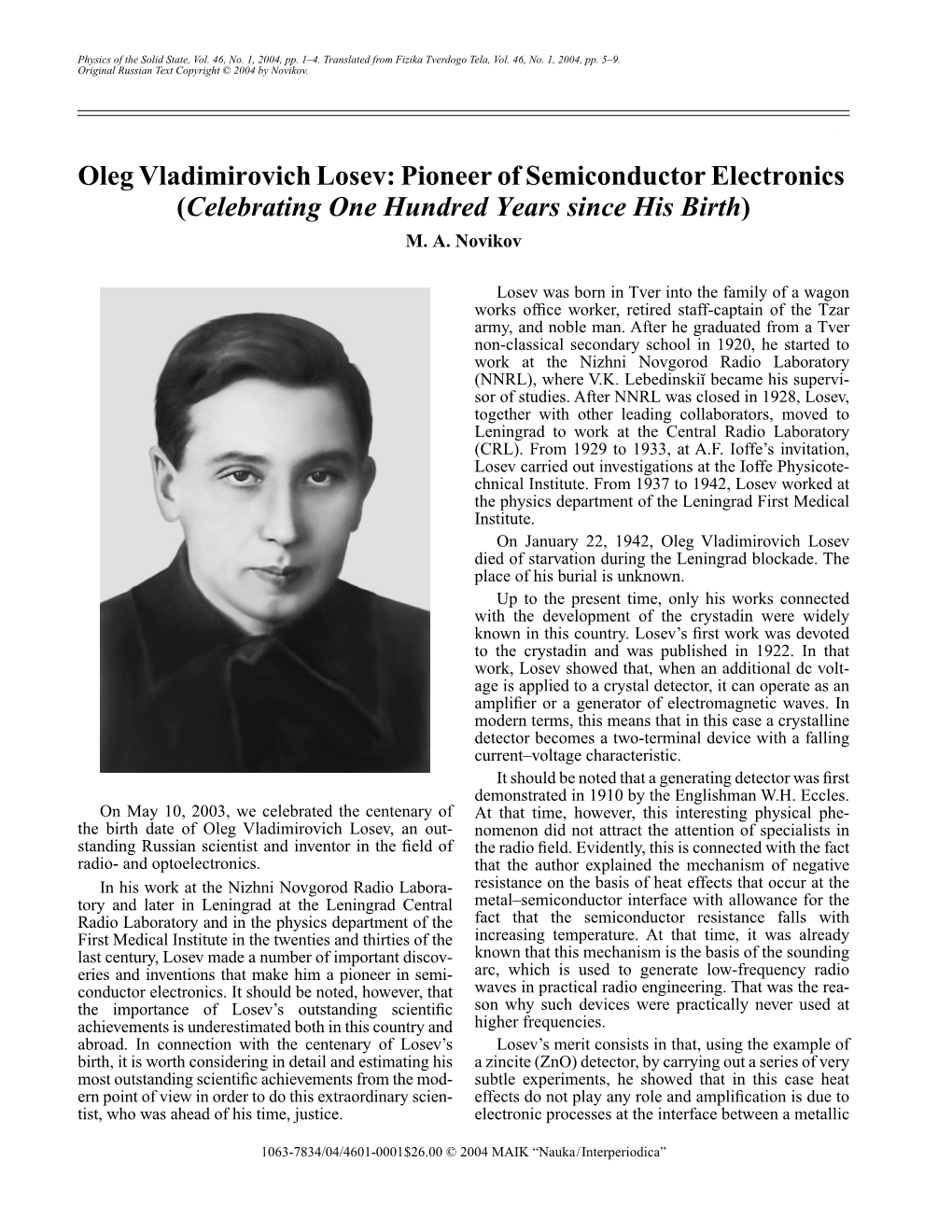 Oleg Vladimirovich Losev: Pioneer of Semiconductor Electronics (Celebrating One Hundred Years Since His Birth) M