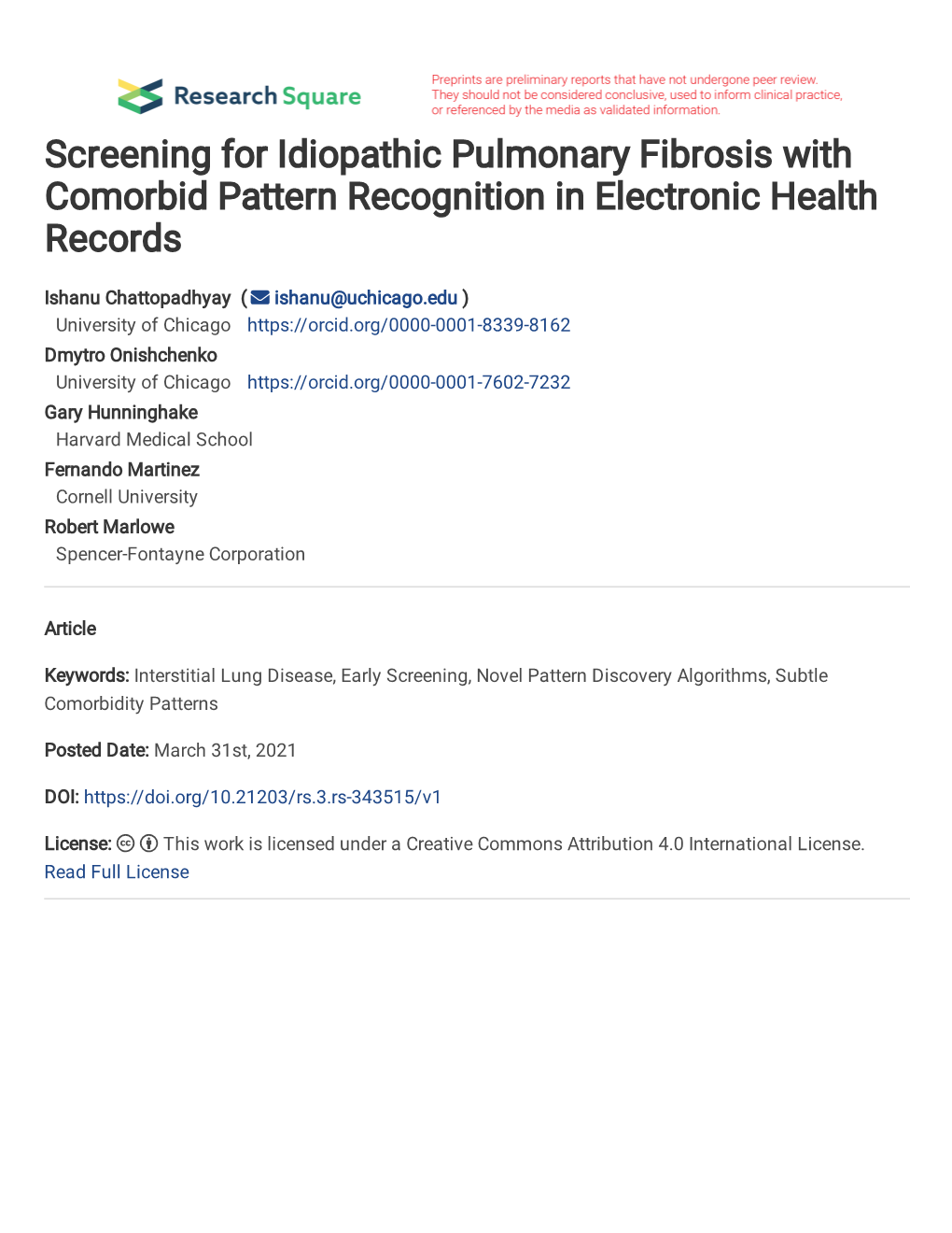 Screening for Idiopathic Pulmonary Fibrosis with Comorbid Pattern Recognition in Electronic Health Records