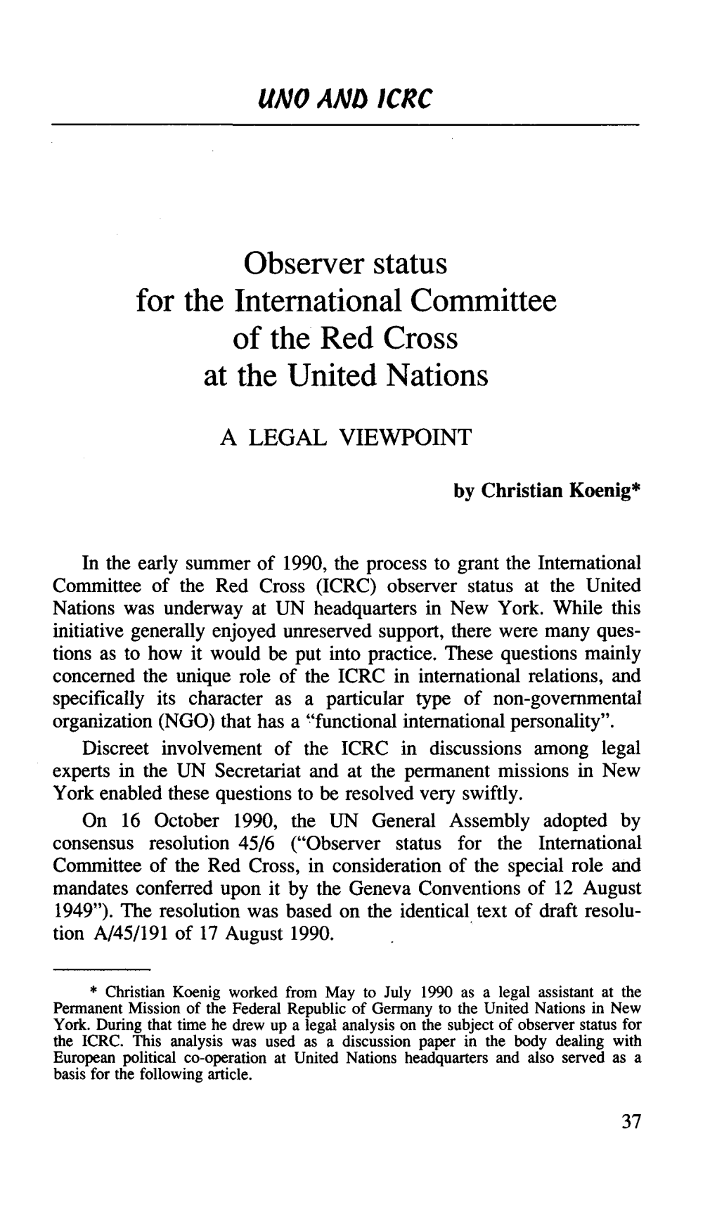 Observer Status for the International Committee of the Red Cross at the United Nations