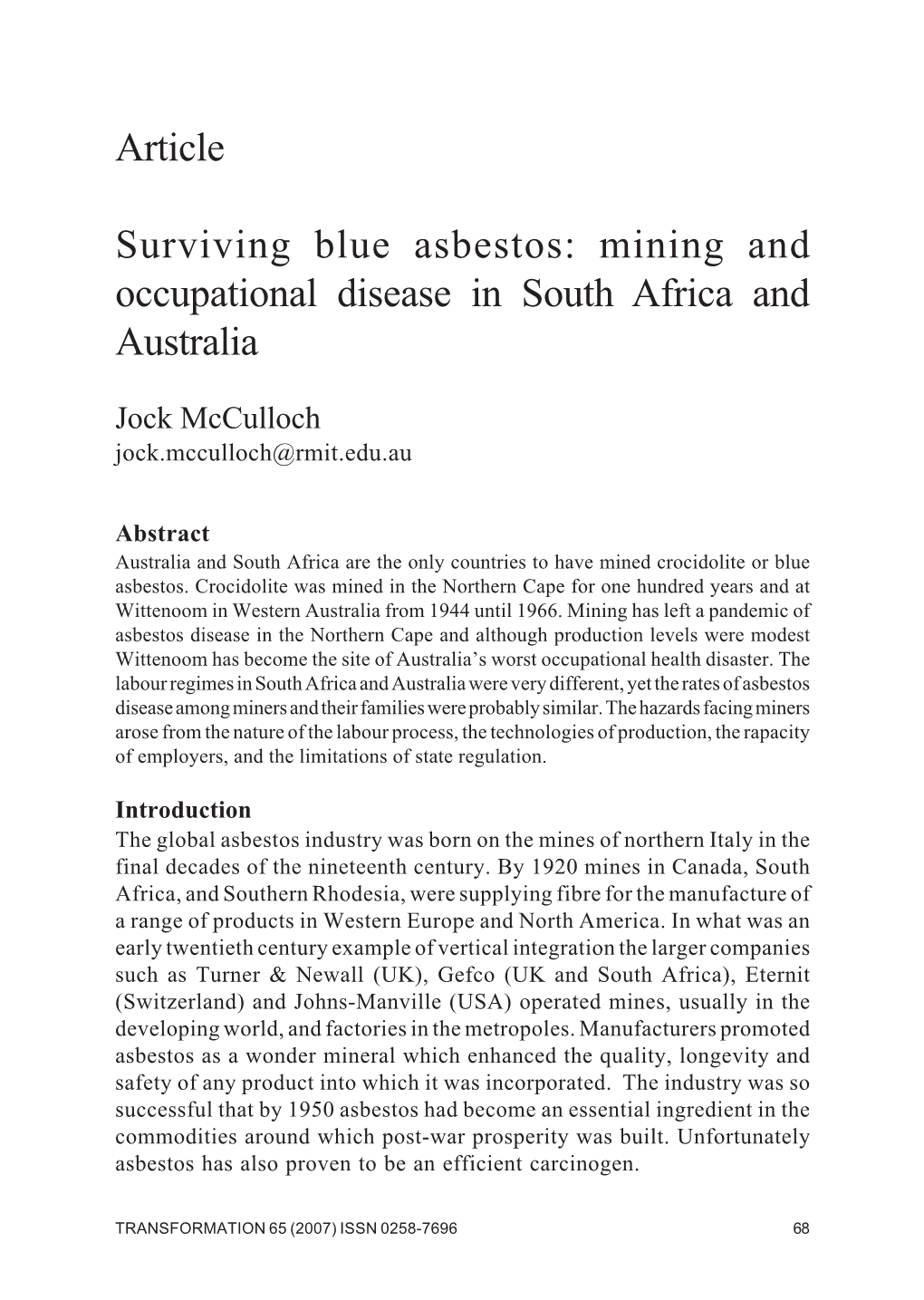 Mining and Occupational Disease in South Africa and Australia