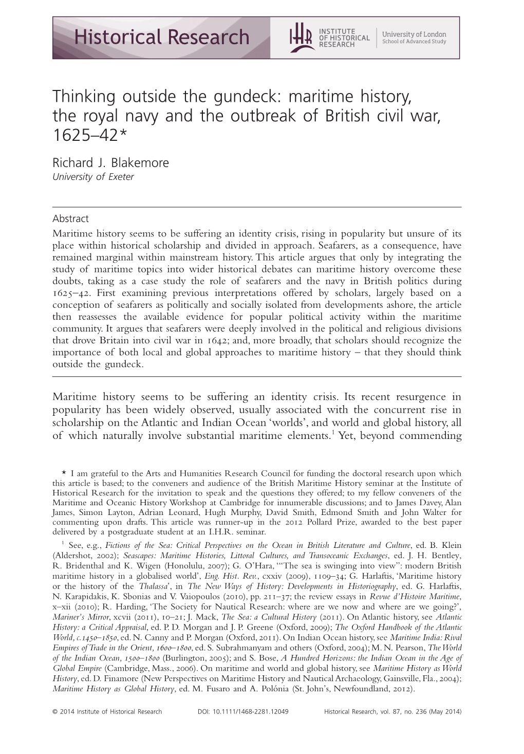 Maritime History, the Royal Navy and the Outbreak of British Civil War, 1625–42* Richard J