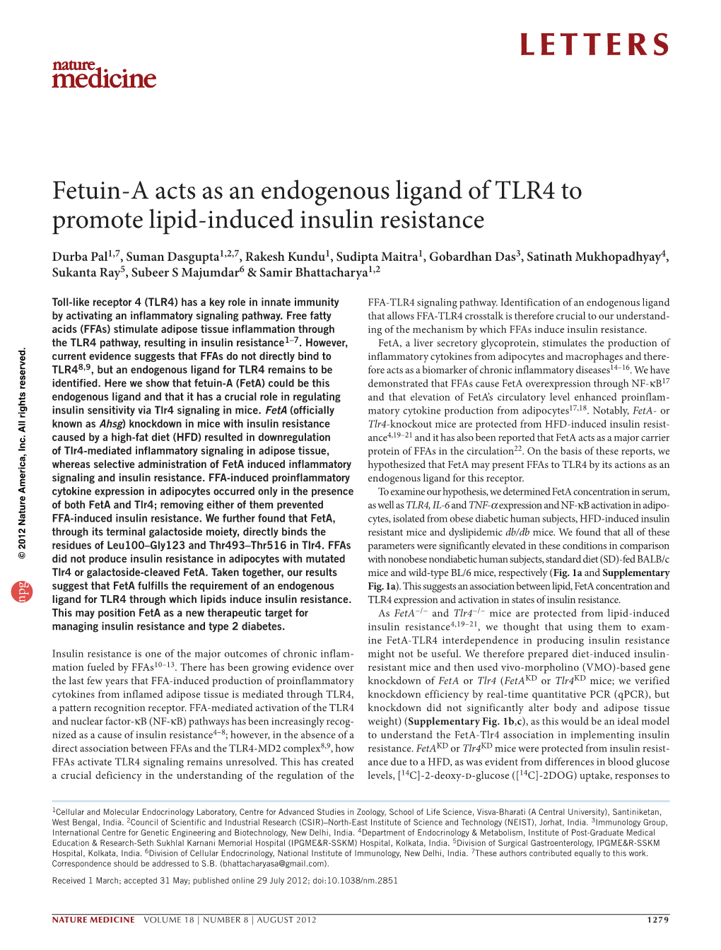 Fetuin-A Acts As an Endogenous Ligand of TLR4 to Promote Lipid-Induced Insulin Resistance