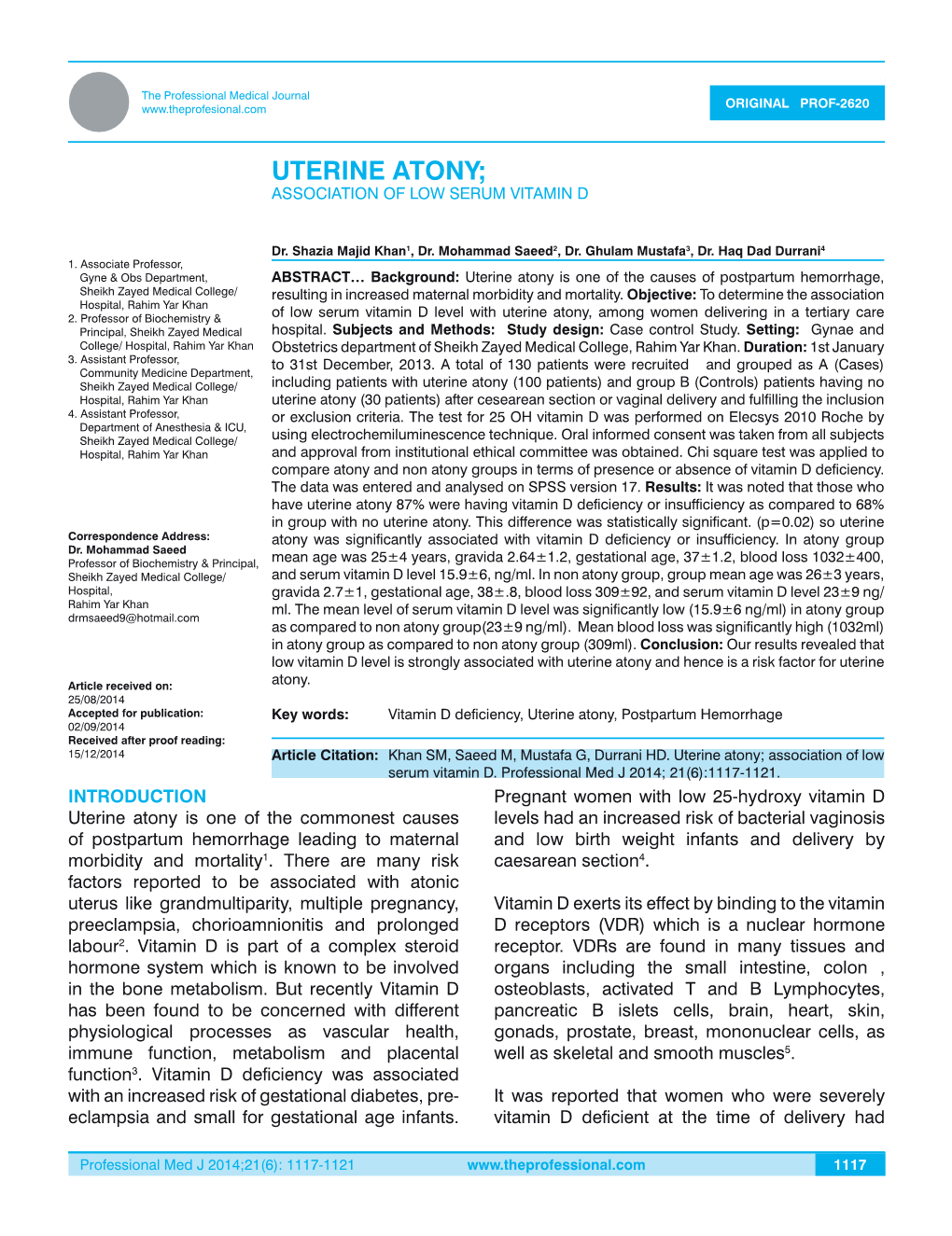 Uterine Atony; Association of Low Serum Vitamin D
