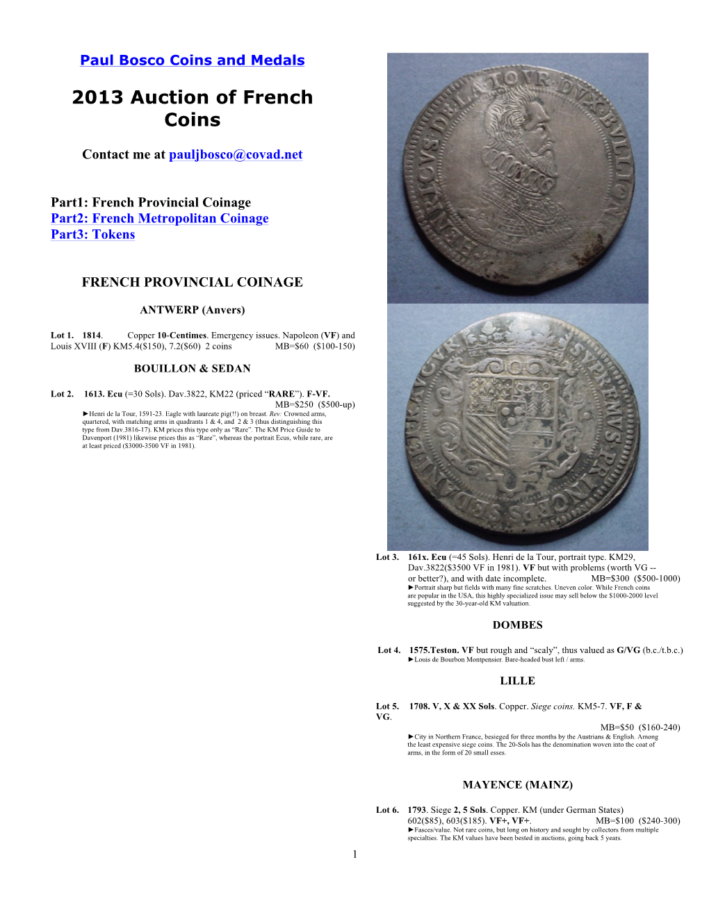 2013 Auction of French Coins