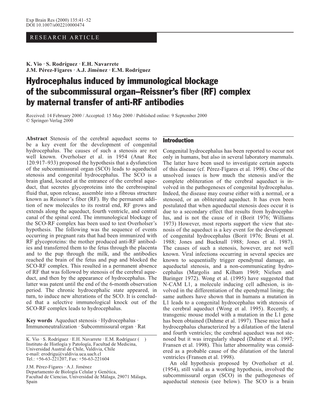 Hydrocephalus Induced by Immunological Blockage of the Subcommissural Organ–Reissner’S Fiber (RF) Complex by Maternal Transfer of Anti-RF Antibodies