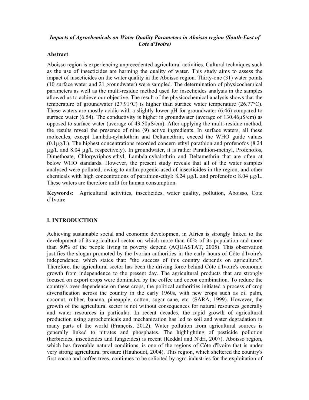 Impacts of Agrochemicals on Water Quality Parameters in Aboisso Region