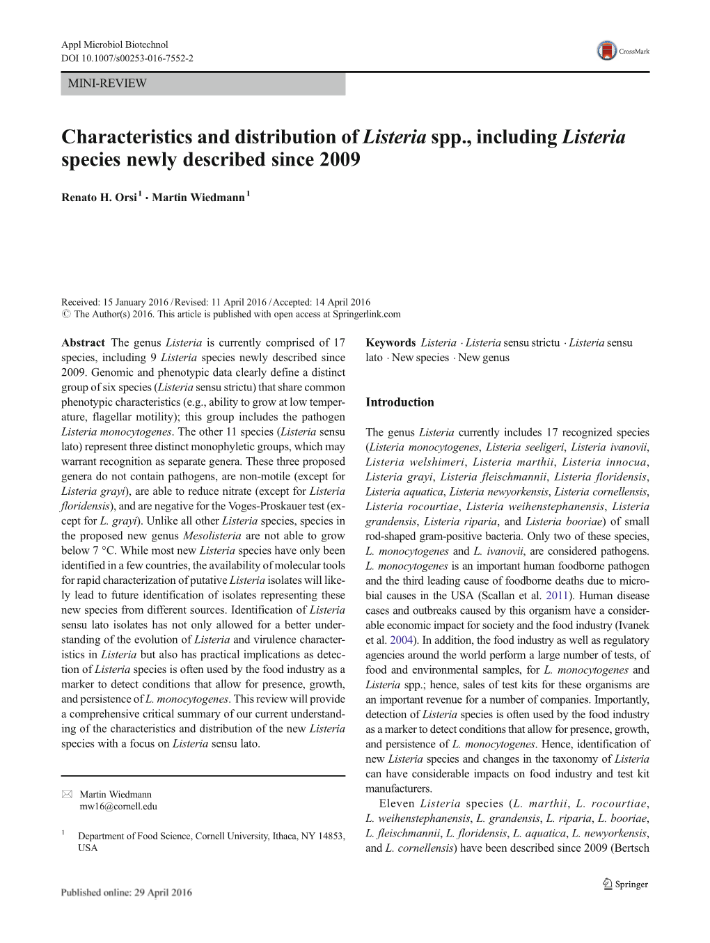 Characteristics and Distribution of Listeria Spp., Including Listeria Species Newly Described Since 2009