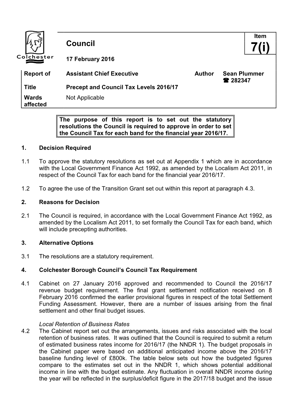 Precept and Council Tax Levels 2016/17 Wards Not Applicable Affected