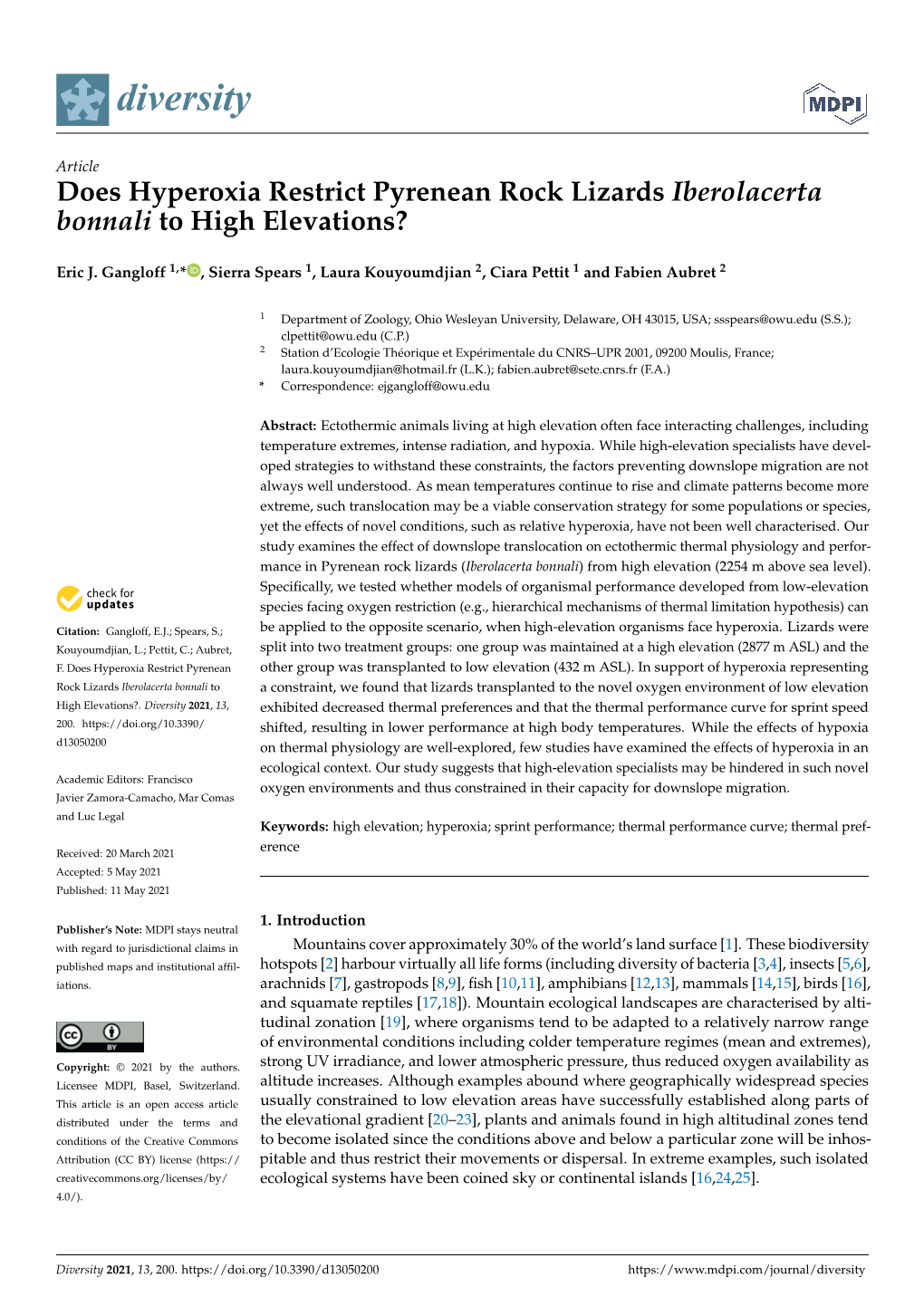 Does Hyperoxia Restrict Pyrenean Rock Lizards Iberolacerta Bonnali to High Elevations?