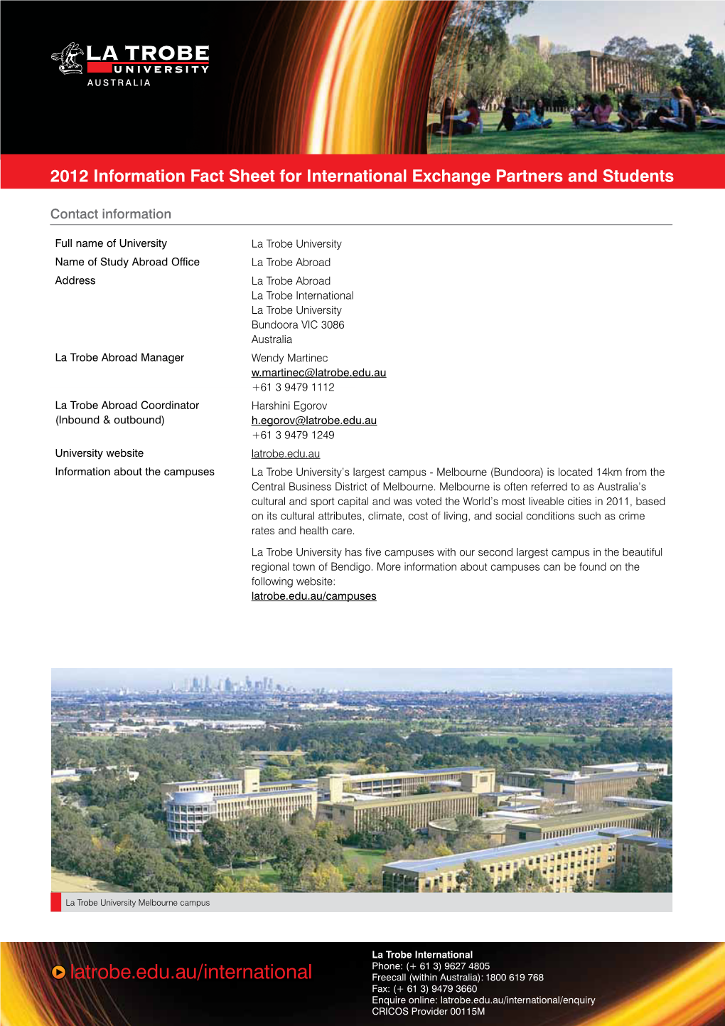 2012 Information Fact Sheet for International Exchange Partners and Students