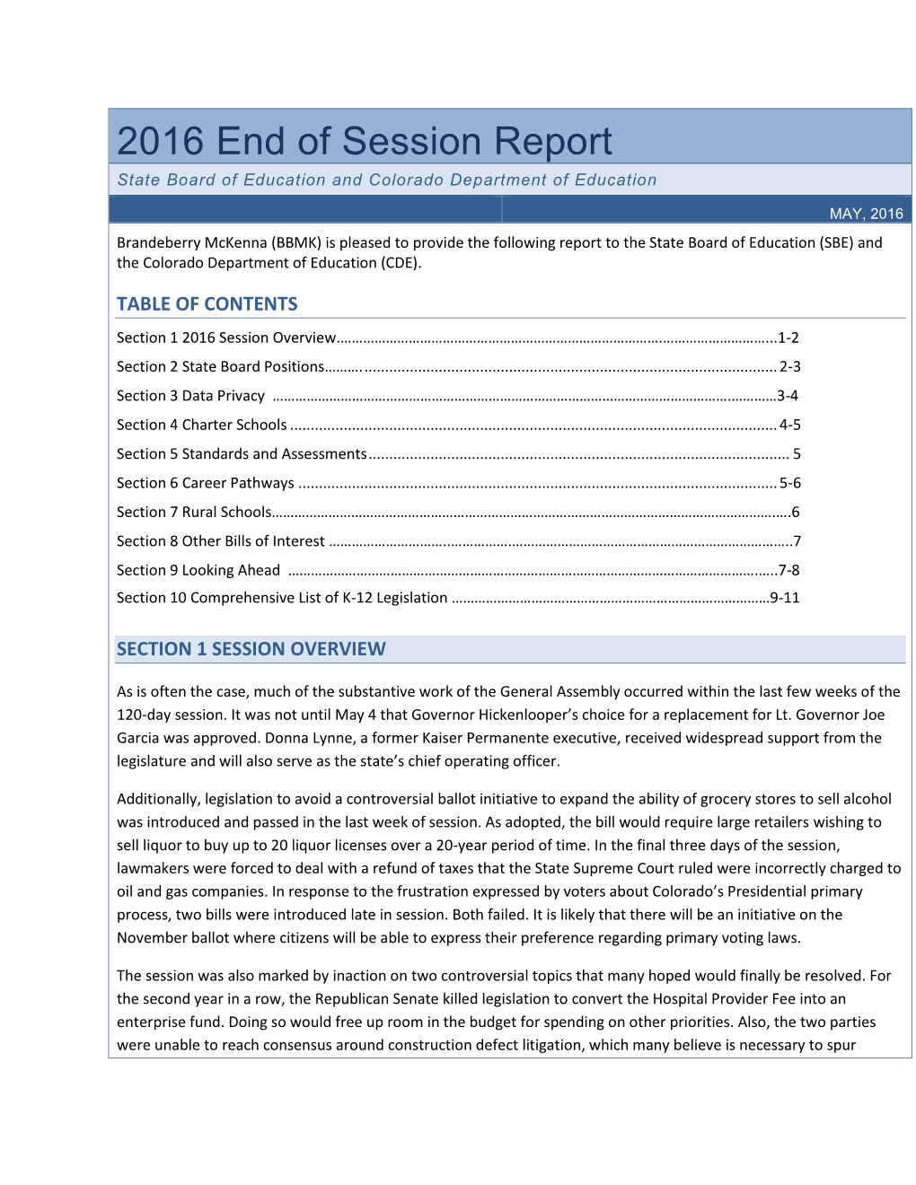 2016 End of Session Report State Board of Education and Colorado Department of Education