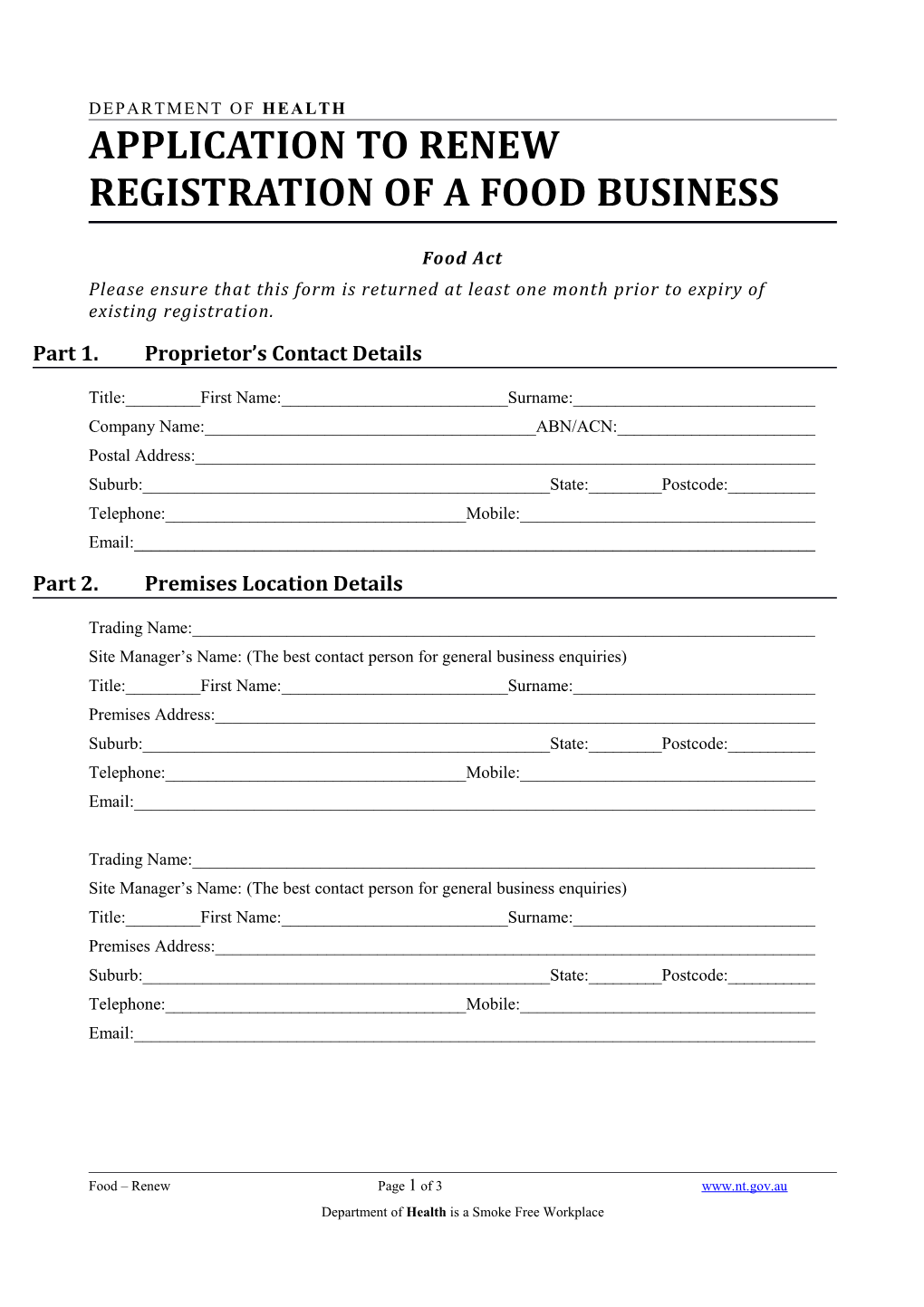 Application to Renew Registration of a Food Business