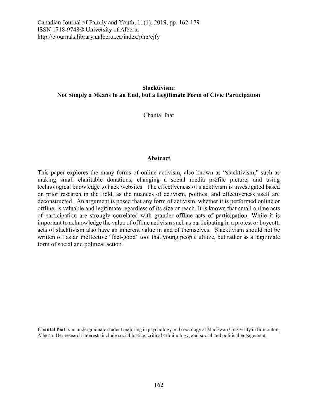 Canadian Journal of Family and Youth, 11(1), 2019, Pp. 162-179 ISSN 1718-9748© University of Alberta