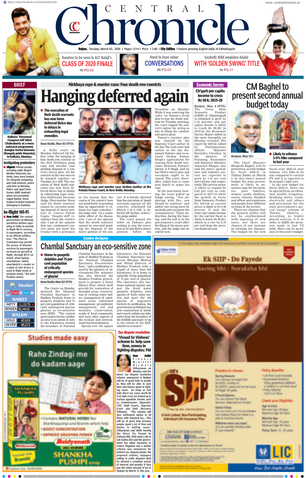 Hanging Deferred Again Rs 98 K: 2019-20 Raipur, Mar 2 (PTI): Budget Today  the Execution of President on Monday
