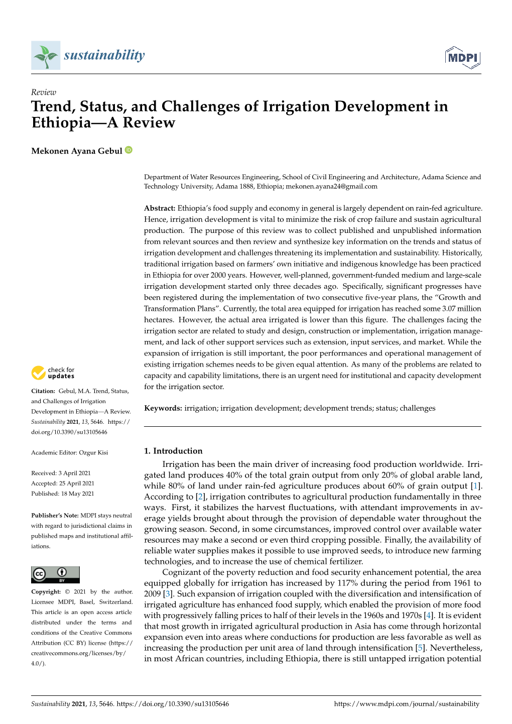 Trend, Status, and Challenges of Irrigation Development in Ethiopia—A Review