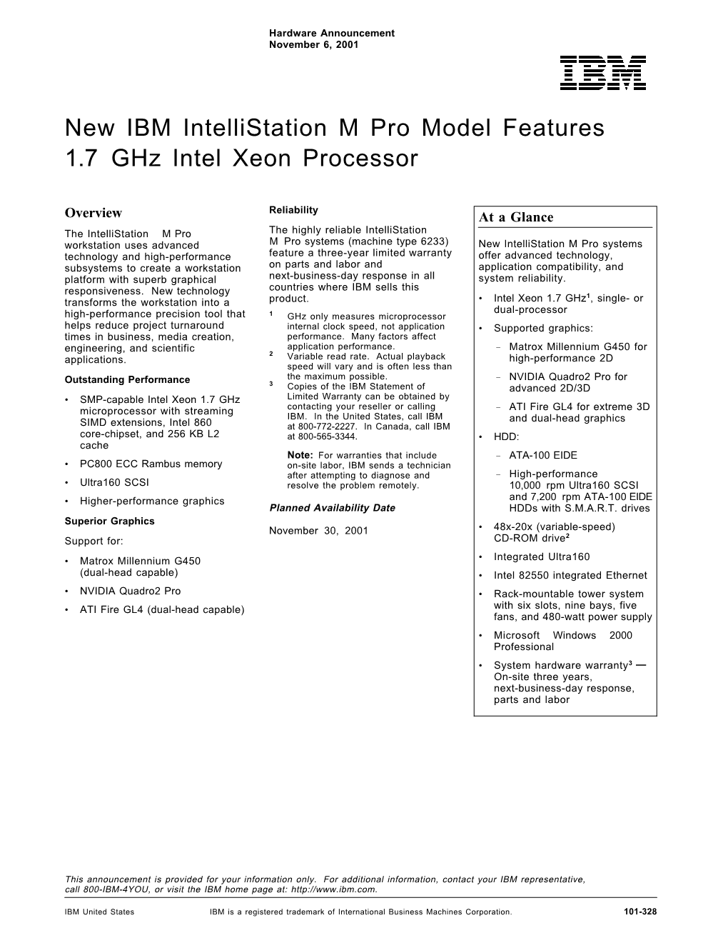 New IBM Intellistation M Pro Model Features 1.7 Ghz Intel Xeon Processor