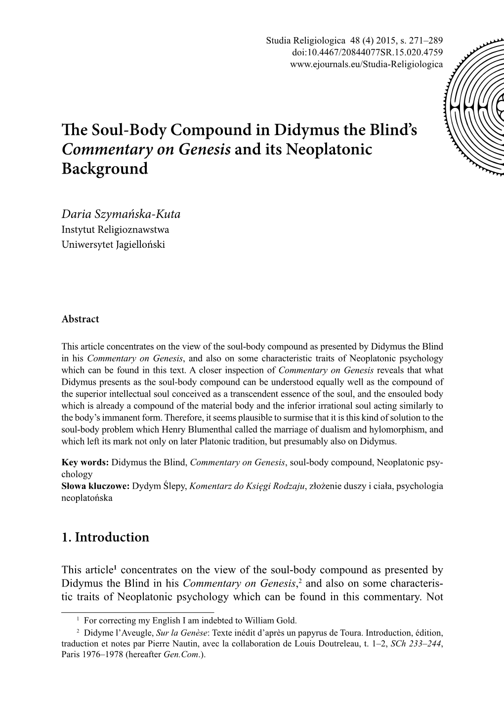 The Soul-Body Compound in Didymus the Blind's Commentary On