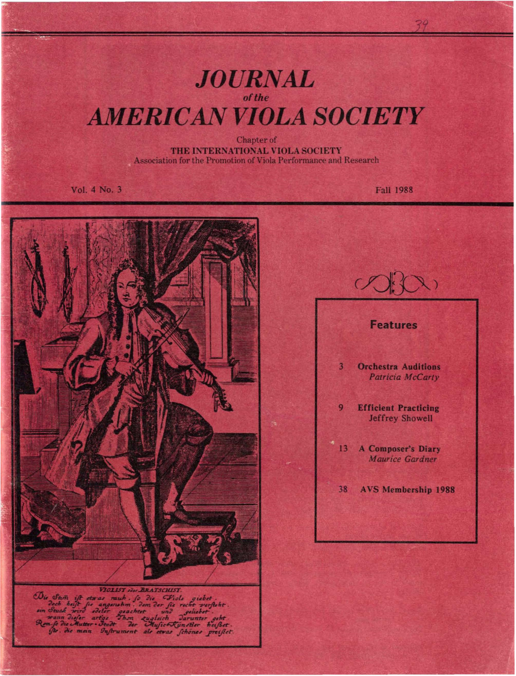 Journal of the American Viola Society Volume 4 No. 3, Fall 1988