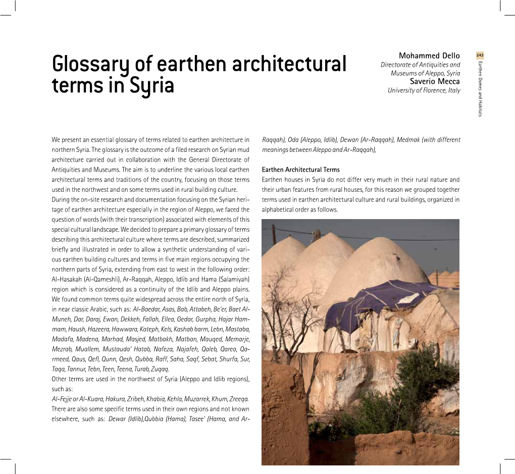 Glossary of Earthen Architectural Terms in Syria
