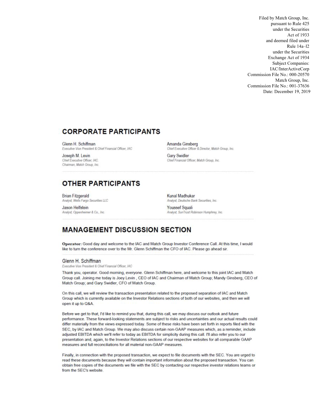Filed by Match Group, Inc. Pursuant to Rule 425 Under the Securities Act Of