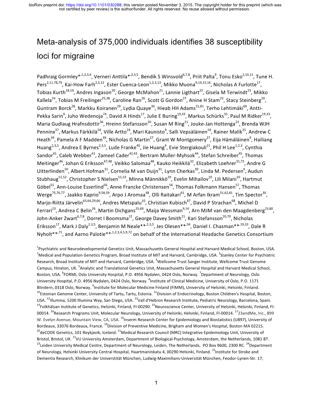 Meta-Analysis of 375,000 Individuals Identifies 38 Susceptibility Loci for Migraine