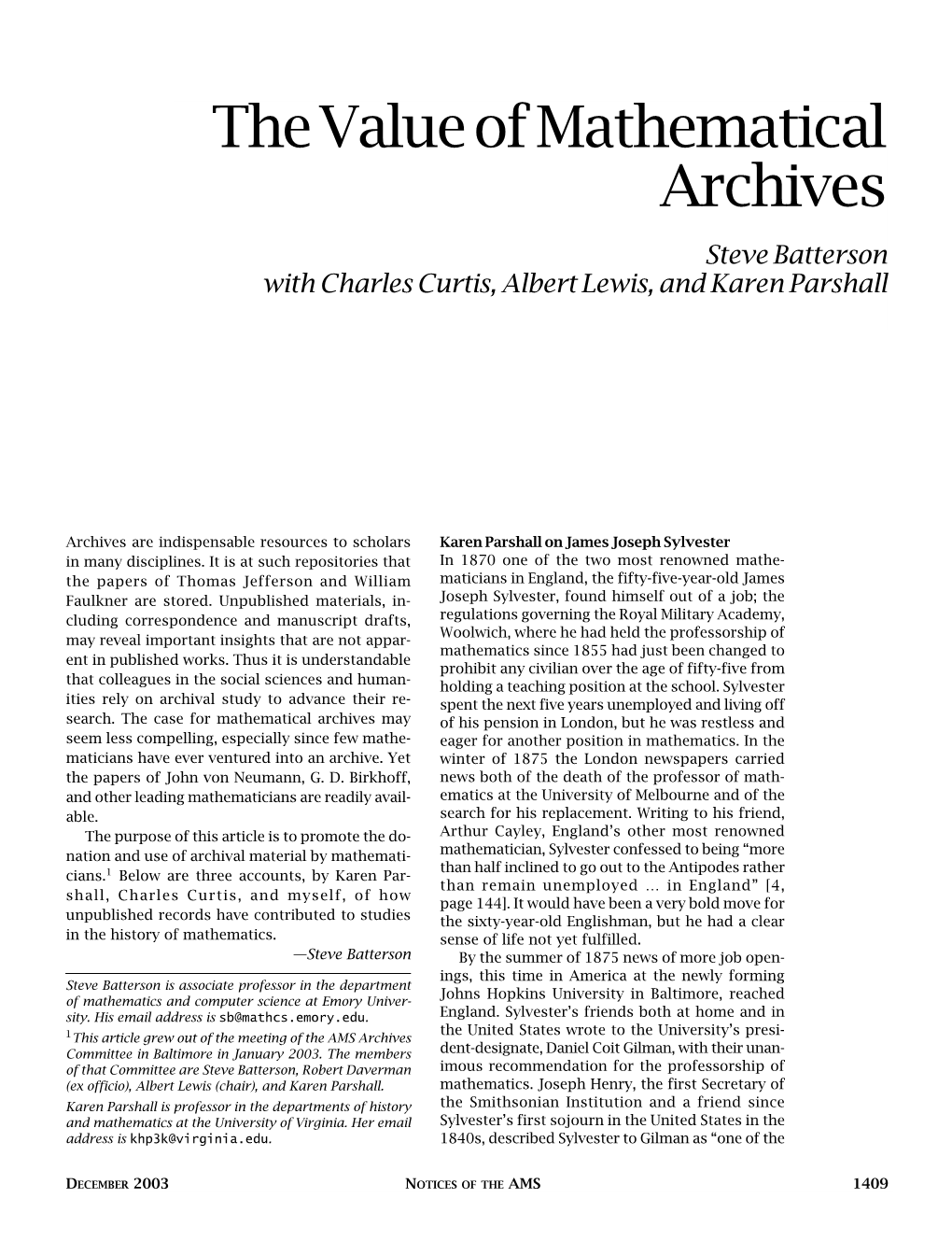 The Value of Mathematical Archives, Volume 50, Number 11