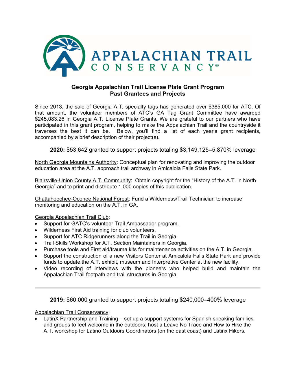 Georgia Appalachian Trail License Plate Grant Program Past Grantees and Projects