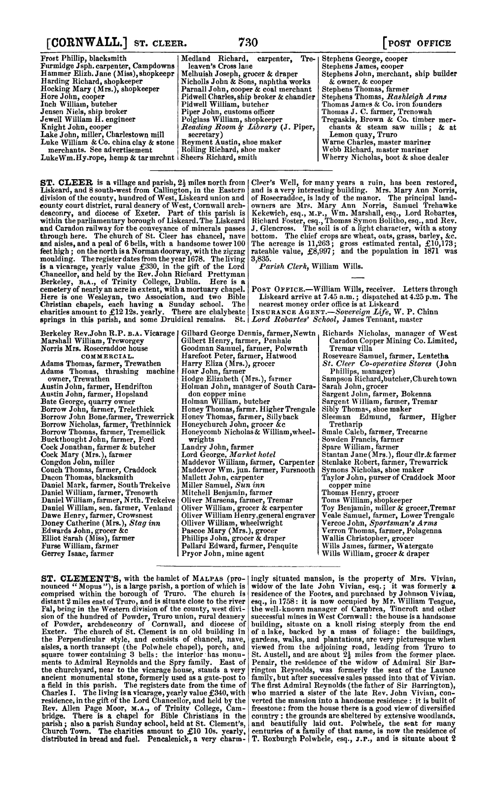 [CORNWALL.] ST. CLEER. 730 [POST OFFICE Frost Phillip, Blacksmith Medland Richard, Carpenter, Tre- Stephens George, Cooper Furmidge J Sph