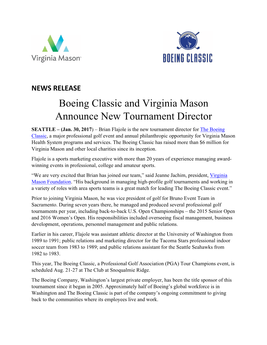 Boeing Classic and Virginia Mason Announce New Tournament Director SEATTLE – (Jan