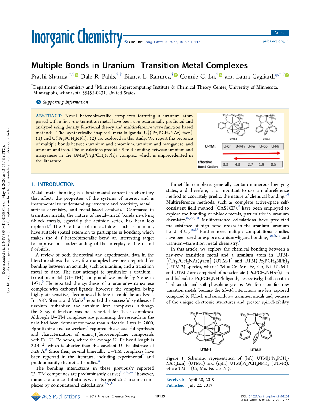 Multiple Bonds in Uranium−Transition Metal Complexes † ‡ † ‡ † † † ‡ Prachi Sharma, , Dale R