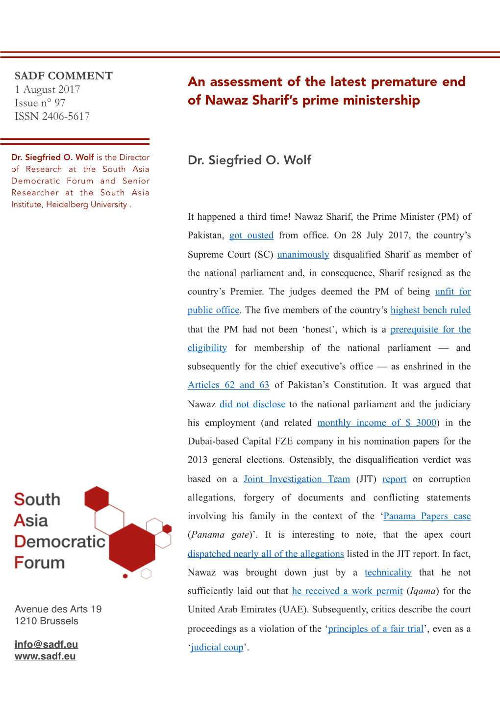 An Assessment of the Latest Premature End Issue N° 97 of Nawaz Sharif’S Prime Ministership ISSN 2406-5617