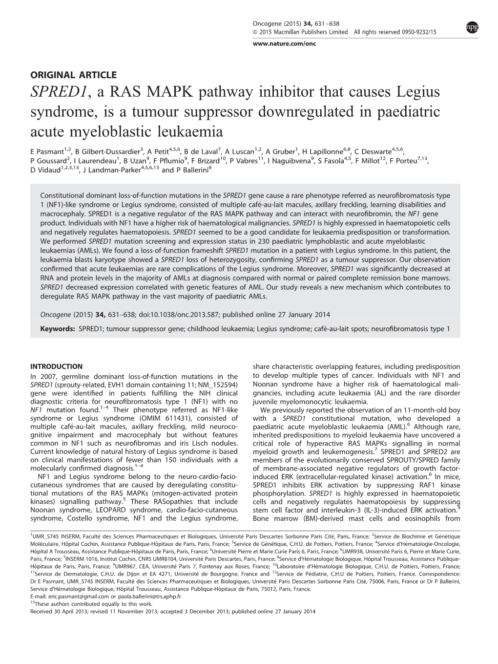 SPRED1, a RAS MAPK Pathway Inhibitor That Causes Legius Syndrome, Is a Tumour Suppressor Downregulated in Paediatric Acute Myeloblastic Leukaemia