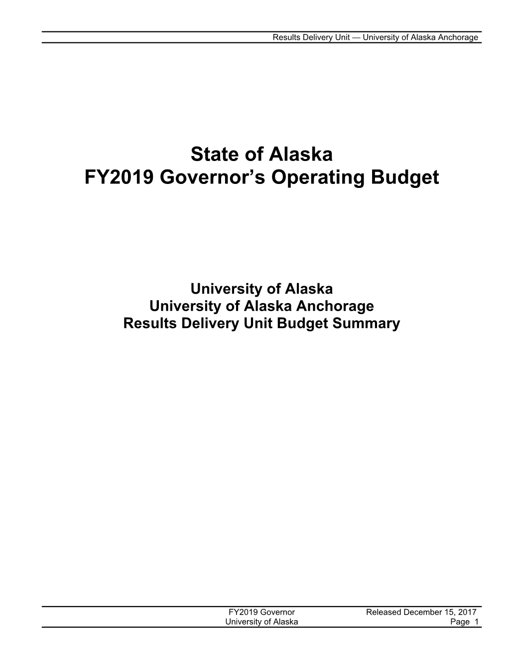 State of Alaska FY2019 Governor's Operating Budget