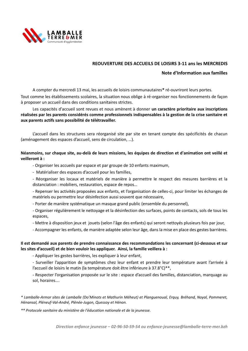 REOUVERTURE DES ACCUEILS DE LOISIRS 3-11 Ans Les MERCREDIS Note D'information Aux Familles