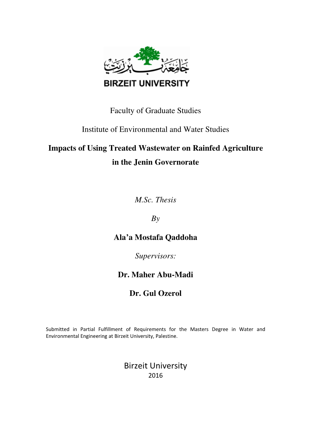 Impacts of Using Treated Wastewater on Rainfed Agriculture in the Jenin Governorate