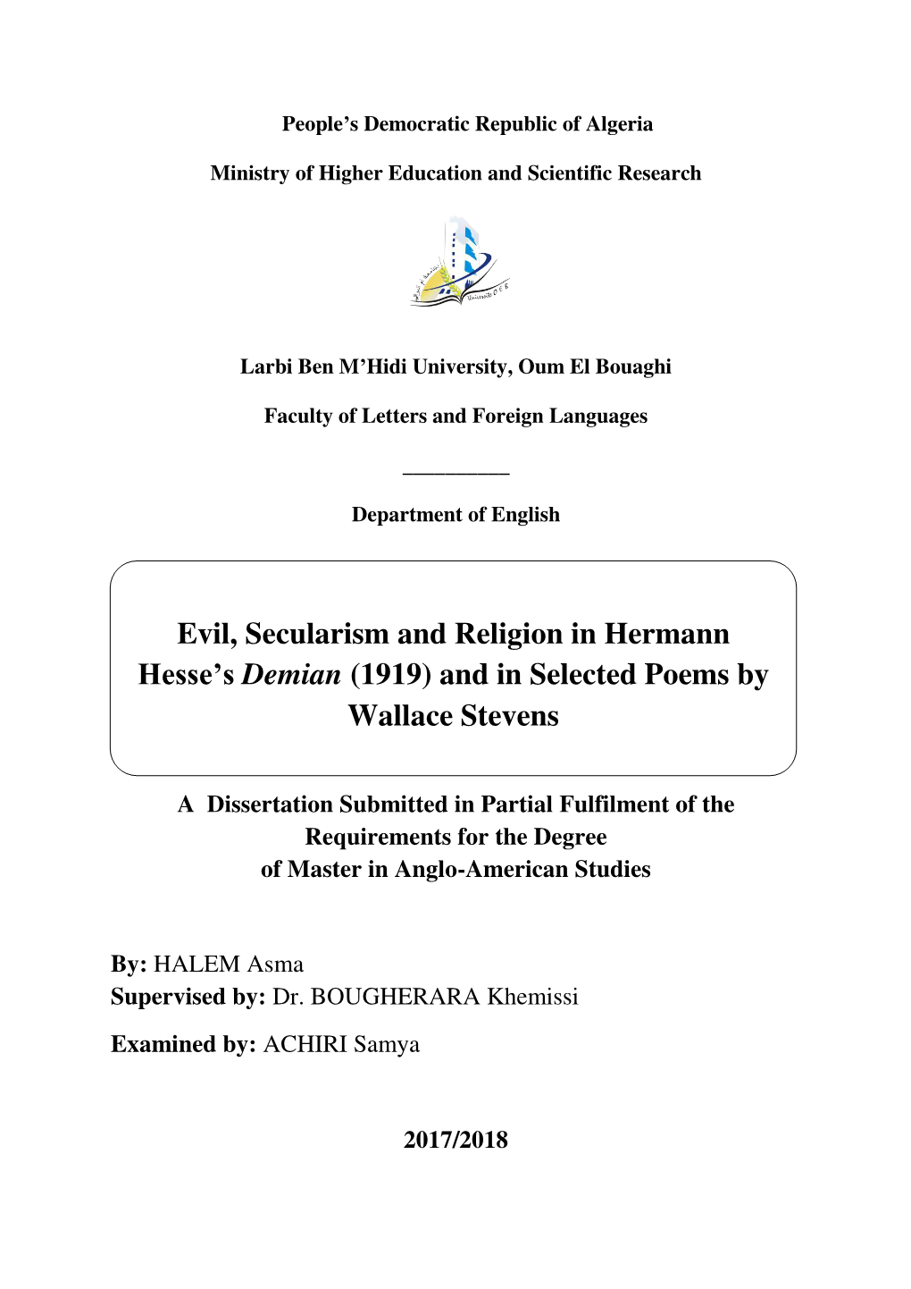 Evil, Secularism and Religion in Hermann Hesse's Demian (1919)