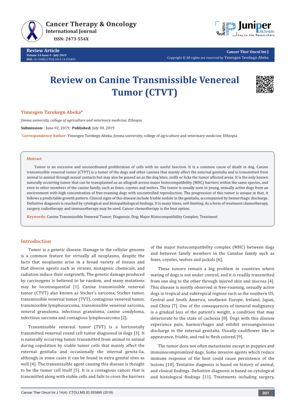 Review on Canine Transmissible Venereal Tumor (CTVT)