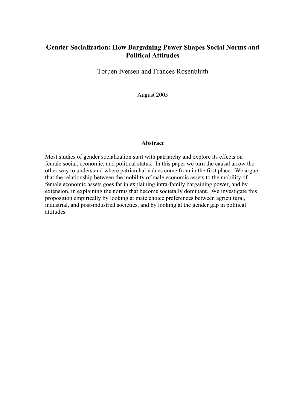 Gender Socialization: How Bargaining Power Shapes Social Norms and Political Attitudes