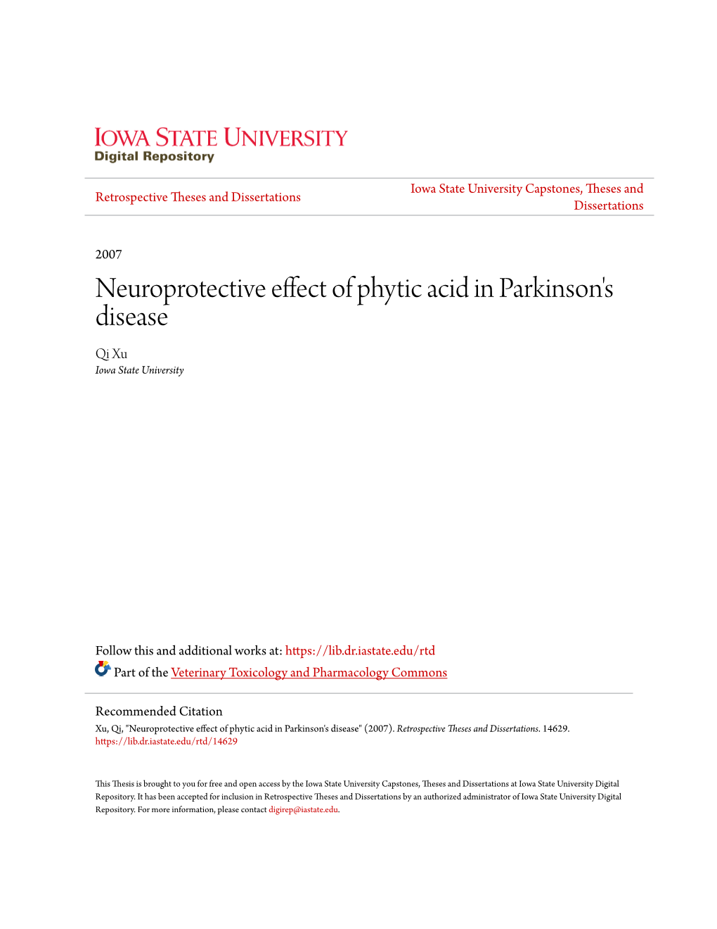 Neuroprotective Effect of Phytic Acid in Parkinson's Disease Qi Xu Iowa State University