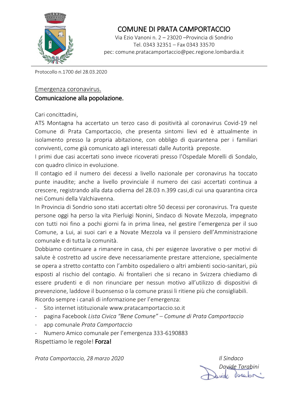 Lettera Terzo Caso Positivo Coronavirus