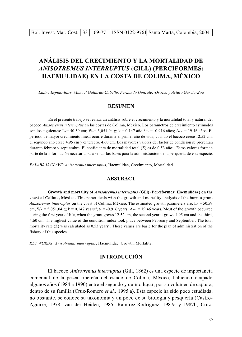 Análisis Del Crecimien to Ylamo Rtalidad De Anisotremus Interruptus