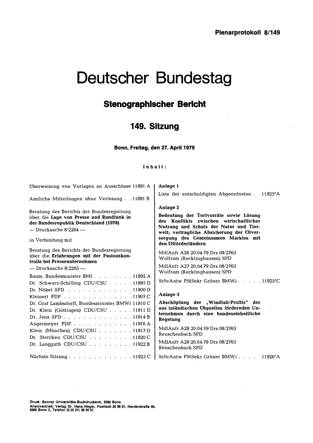 Stenographischer Bericht 149. Sitzung