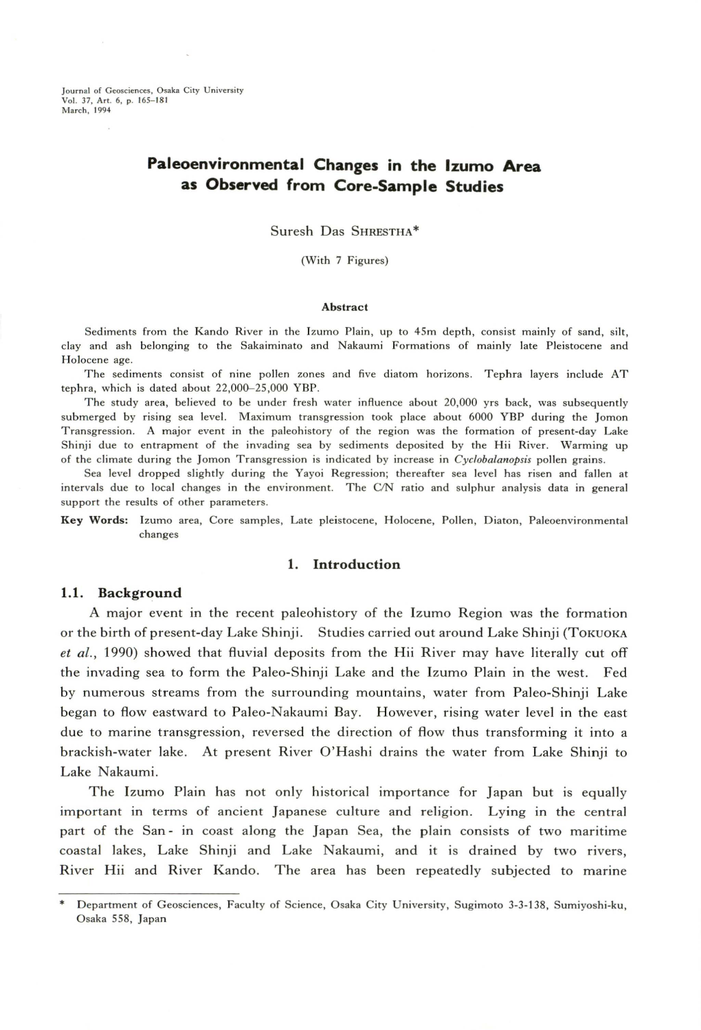 Paleoenvironmental Changes in the Izumo Area As Observed from Core-Sample Studies