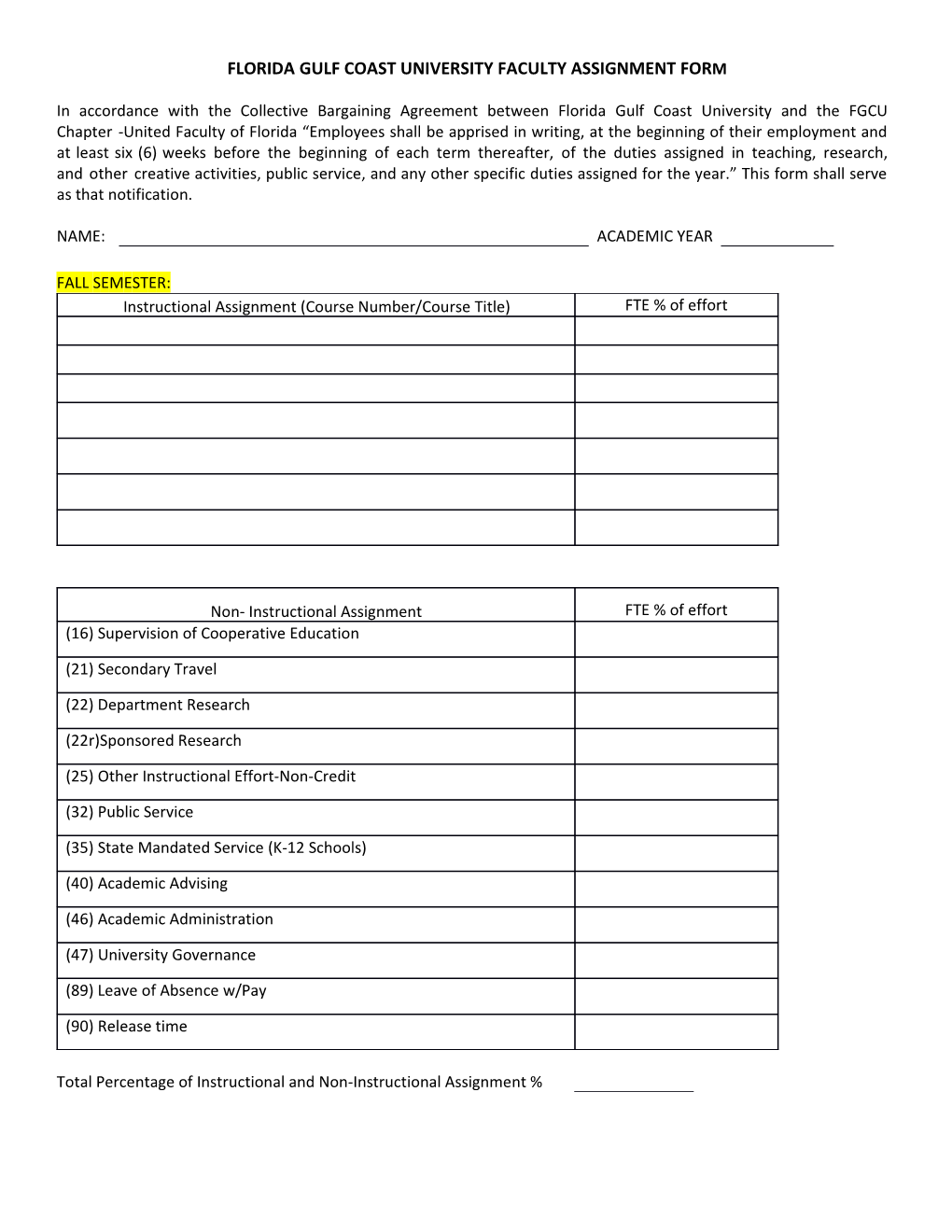 Florida Gulf Coast University Faculty Assignment Form