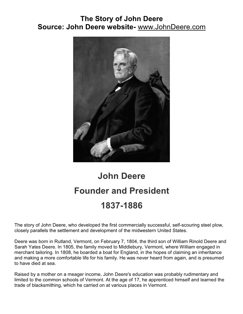 John Deere Founder and President 1837-1886