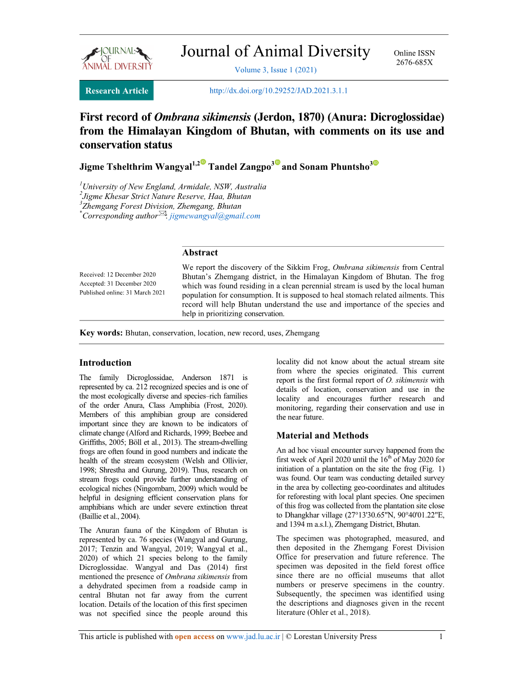 First Record of Ombrana Sikimensis (Jerdon, 1870) (Anura: Dicroglossidae) from the Himalayan Kingdom of Bhutan, with Comments on Its Use and Conservation Status