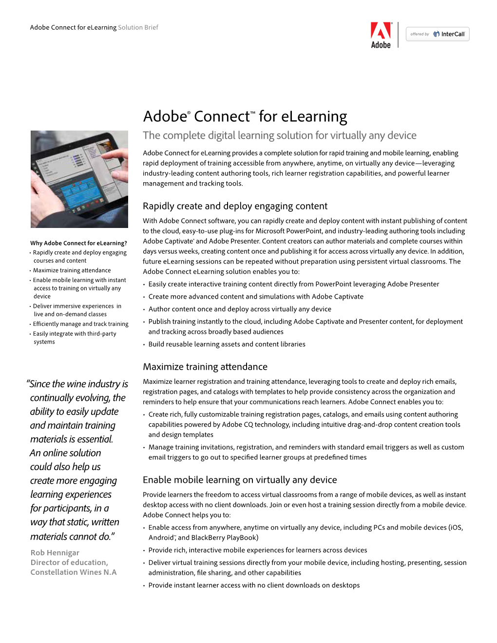 Adobe® Connect™ for Elearning the Complete Digital Learning Solution for Virtually Any Device