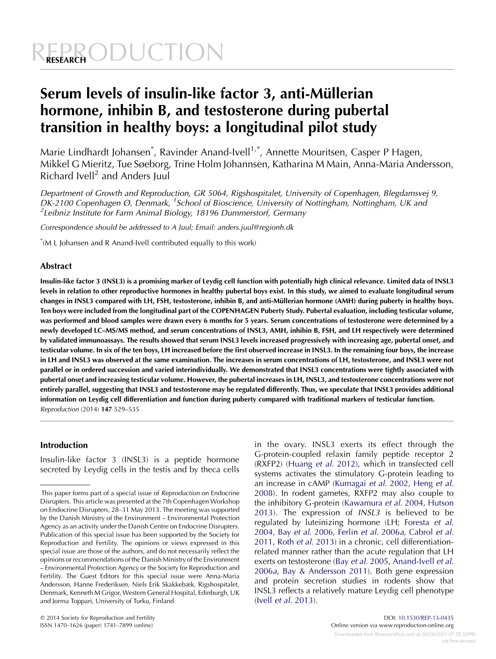 Serum Levels of Insulin-Like Factor 3, Anti-Müllerian Hormone, Inhibin B